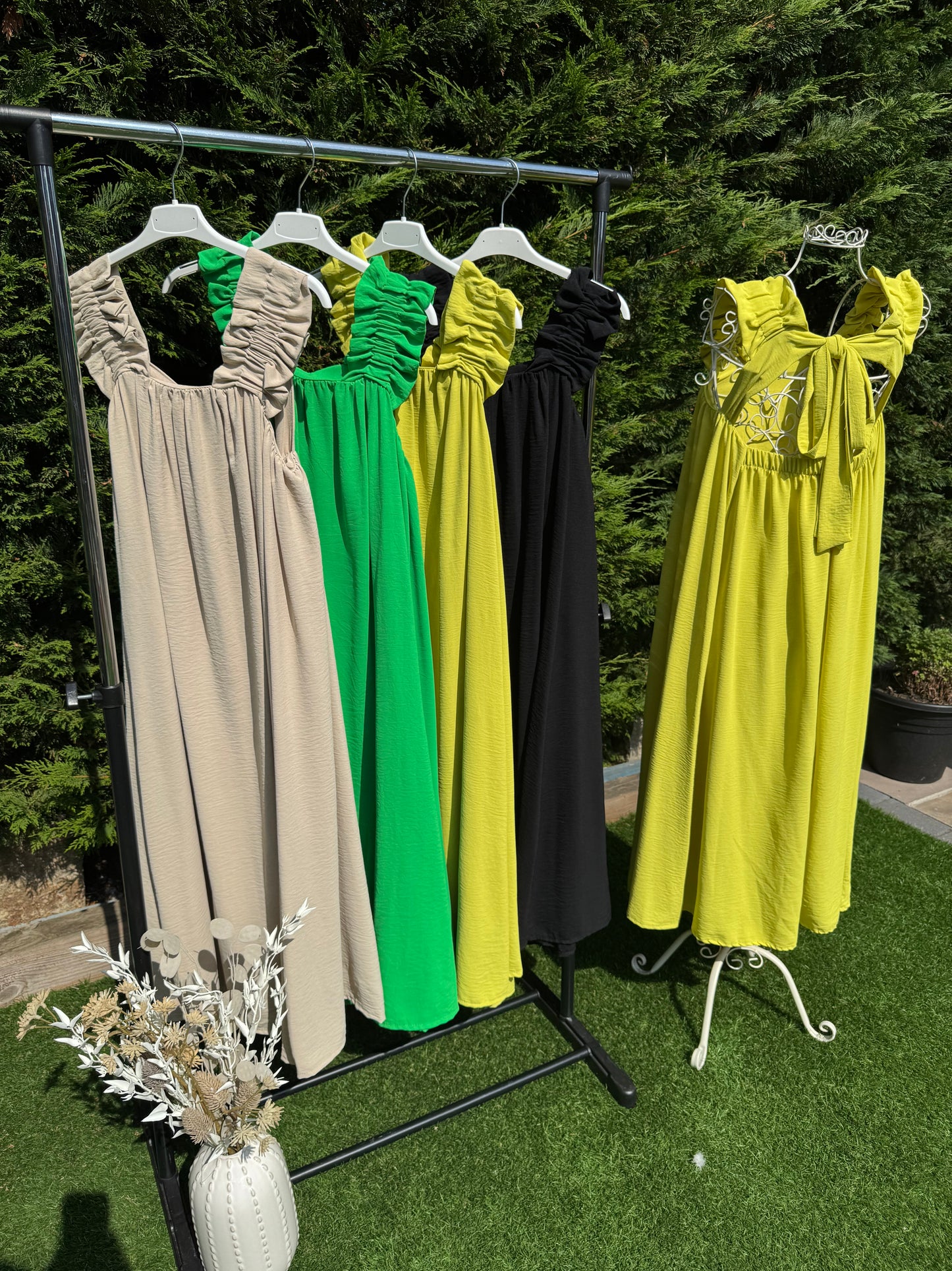 Ruffle Shoulder Tie Back Midi Dress