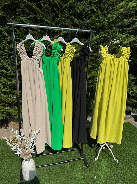 Ruffle Shoulder Tie Back Midi Dress