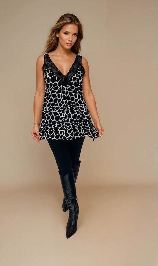 Animal Print Lace Trim Vest